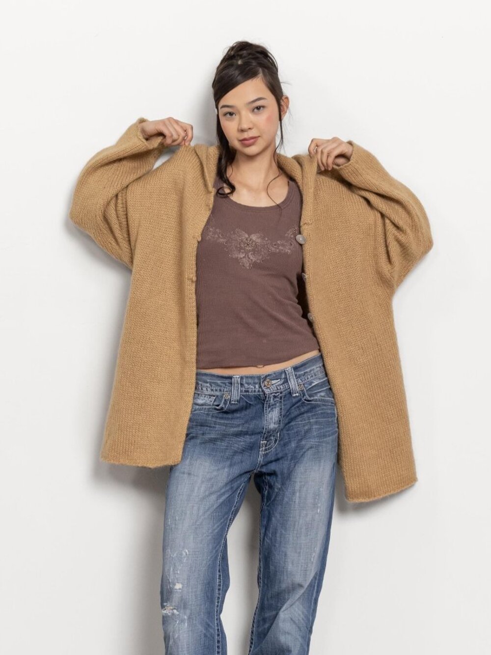 WOOL Hooded CARDIGAN Vintage Soft Knit Sweater Oversize / Large